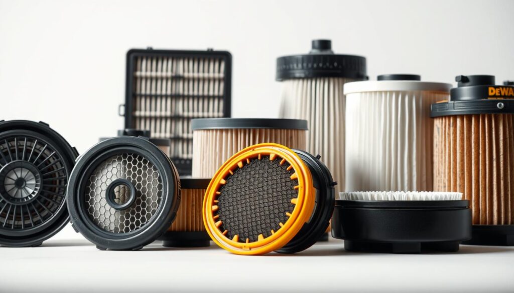 Detailed still life of various Dewalt vacuum filter models, showcased on a clean white background. Precise focus highlights the intricate filter designs, textures, and materials. Soft, even lighting from the side and above creates depth and clarity. The arrangement conveys a sense of product expertise and engineering excellence. Carefully placed to emphasize the key features and durability of these high-performance filters for Dewalt's powerful workshop vacuums. The overall scene exudes a professional, authoritative tone befitting the robust construction and performance of these essential Dewalt accessories.