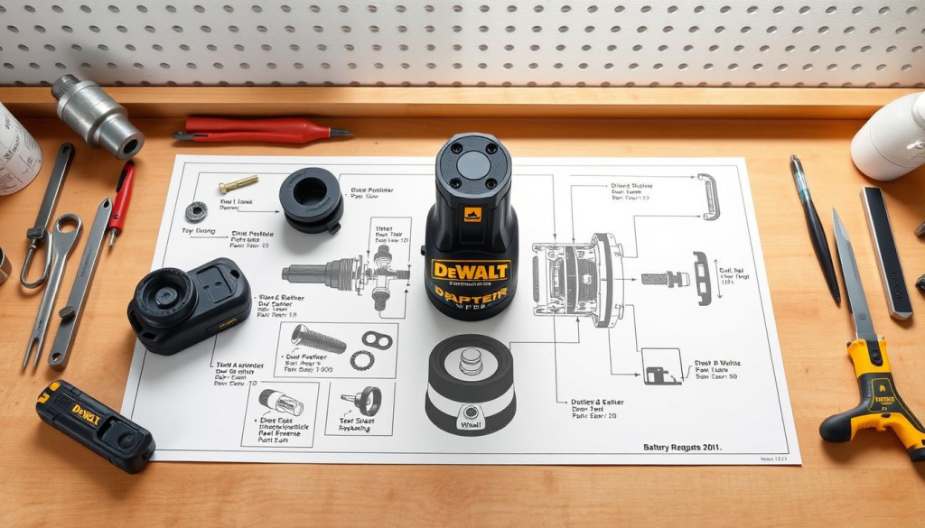 Detailed technical diagram of a Dewalt battery adapter installation, showcased on a clean, well-lit workbench. The adapter is prominently displayed in the center, surrounded by various tools and components necessary for the installation process. The diagram features an exploded view, highlighting the step-by-step assembly with precise measurements and annotations. Subtle shadows and reflections create depth and realism, while a neutral color palette maintains a professional, instructional tone. The overall composition guides the viewer's eye through the installation workflow, providing a clear and informative visual aid.