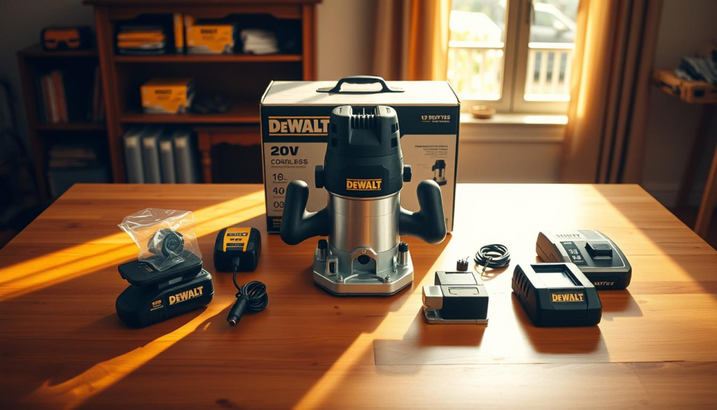 Detailed unboxing of a DEWALT 20V cordless router on a clean, well-lit wooden table. The router is neatly displayed in the center, surrounded by its accessories like battery, charger, and attachments. Warm daylight streams in from a window, creating soft shadows and highlights that accentuate the router's sleek, brushed metal design. The overall mood is one of professional product presentation, inviting the viewer to closely examine the high-quality tools and appreciate the cordless convenience.