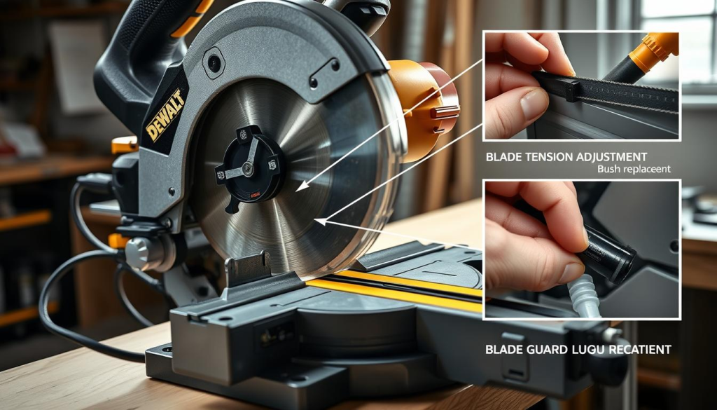 Detailed view of a DEWALT skill saw, highlighting its internal components and maintenance procedures. The saw is positioned on a clean, well-lit workbench, showcasing its precision-engineered blade, motor, and dust collection system. The image emphasizes the importance of regular maintenance, with close-up shots of the blade tension adjustment, brush replacement, and blade guard lubrication. The lighting is soft and directional, creating a sense of depth and emphasizing the saw's intricate details. The overall atmosphere conveys a professional, informative tone suitable for a maintenance tutorial.