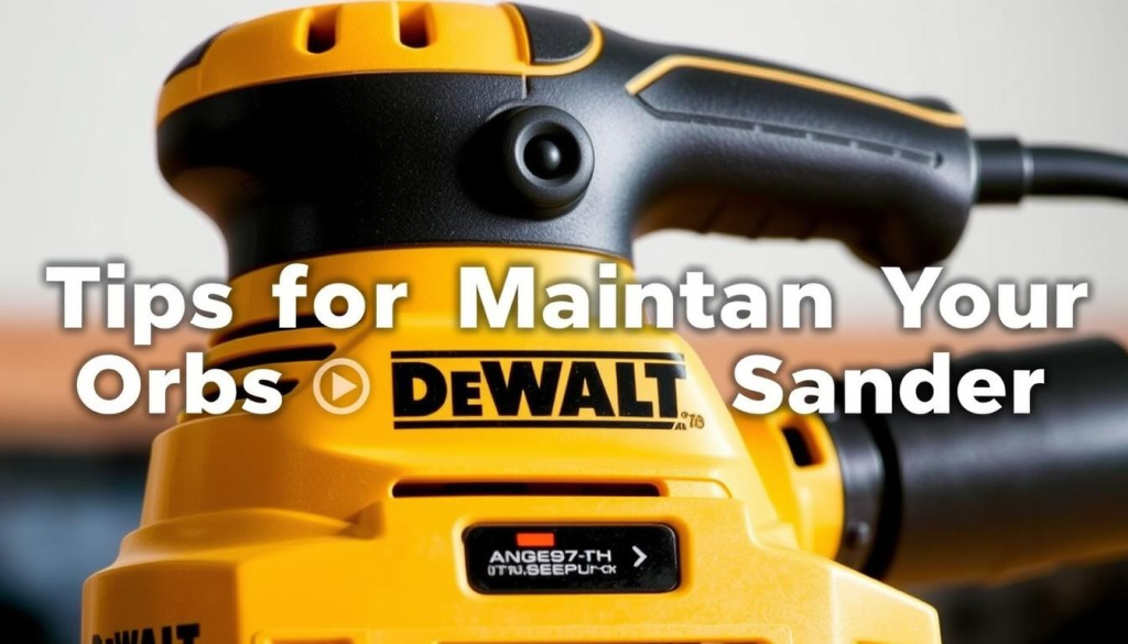 Detailed view of a DeWalt orbital sander, showcasing essential maintenance tips. Crisp, well-lit image with a clean, professional aesthetic. The sander is prominently displayed in the foreground, with a soft, blurred background that emphasizes the tool. Carefully highlight key components like the dust collection system, variable speed controls, and sanding pad. Convey a sense of informative, step-by-step guidance for proper orbital sander upkeep. Lighting should be directional, creating subtle shadows and highlights to accentuate the sander's textures and features. Overall, a visually engaging and instructive image to accompany the "Tips for Maintaining Your Orbital Sander" section of the article.