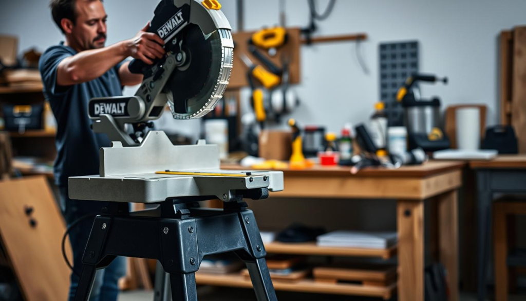 Detailed workshop scene featuring a DEWALT miter saw stand in the foreground, with a worker performing maintenance on the saw. The stand is well-lit from the side, casting shadows and highlighting its sturdy metal construction. In the middle ground, various tools and supplies are neatly organized on a workbench, suggesting a tidy, professional workspace. The background is blurred, creating a sense of depth and focus on the maintenance activity. The overall mood is one of diligence and care, emphasizing the importance of proper upkeep for long-lasting performance of the miter saw.