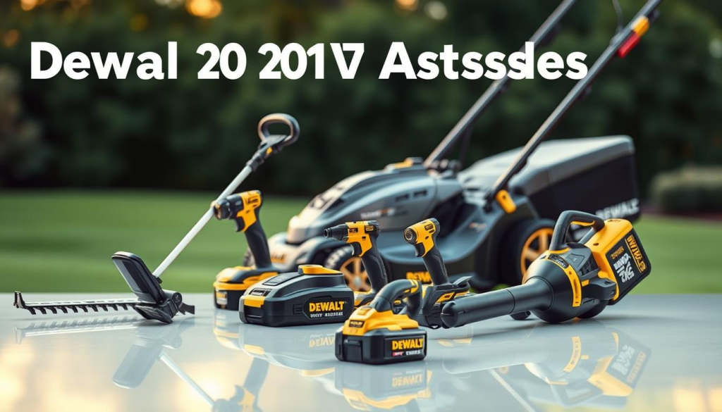 Dewalt 20V lawn mower accessories, meticulously rendered in a high-quality, photorealistic style. A well-lit, detailed foreground showcases a collection of Dewalt cordless power tools and attachments, including a trimmer, edger, and blower, all harmoniously arranged on a clean, reflective surface. The middle ground features the Dewalt 20V lawn mower itself, its sleek, modern design highlighted by soft shadows and warm lighting. The background subtly blurs into a serene, verdant landscape, inviting the viewer to imagine the efficient, cordless cutting experience. Emphasis is placed on the accessories' premium quality, durability, and seamless integration with the Dewalt lawn mower, capturing the essence of an enhanced mowing experience.