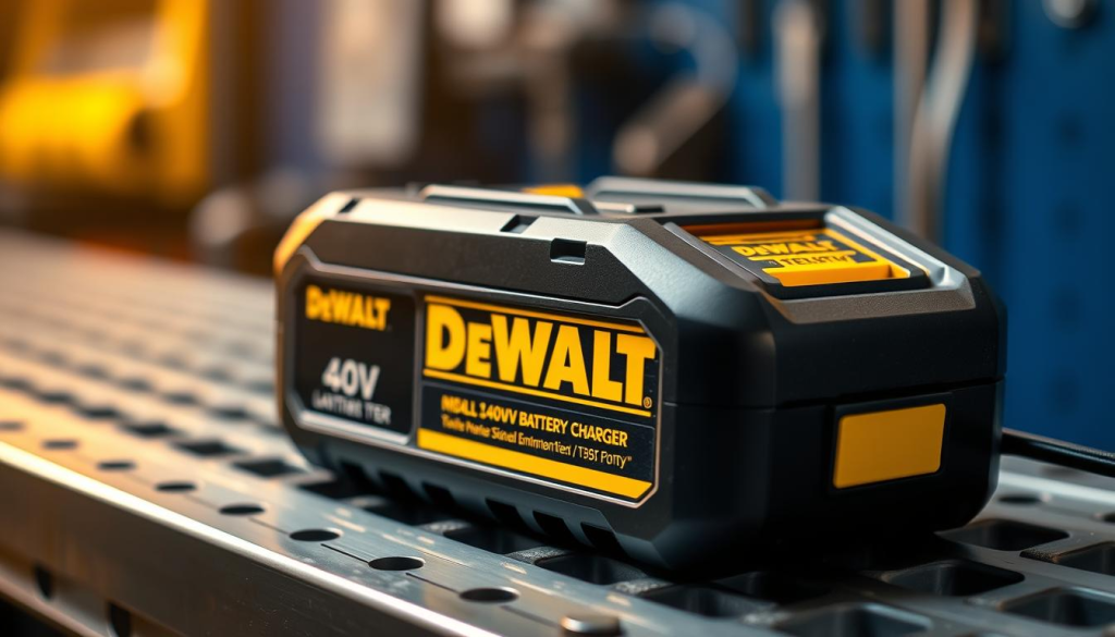Dewalt 40V battery charger resting on a metal workbench, illuminated by warm studio lighting. The charger has a sleek, modern design with a matte black finish and bold yellow accents. Smooth, contoured surfaces and clean lines create a professional, industrial aesthetic. In the middle ground, the Dewalt logo is prominently displayed, subtly reinforcing the brand's identity. The background is blurred, creating a focus on the charger itself and highlighting its technical capabilities. An atmosphere of efficiency and reliability pervades the scene, reflecting the power tool brand's reputation.
