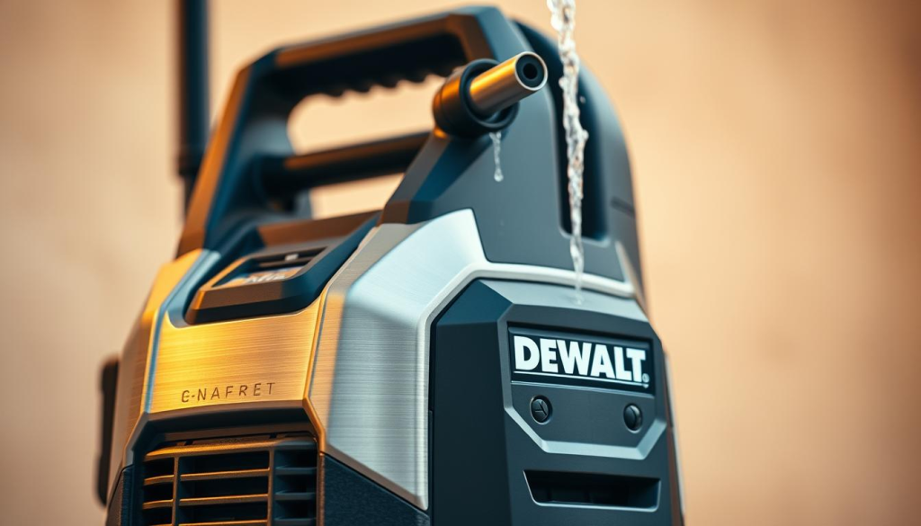 Dewalt electric power washer quietly operating, bathed in warm, diffused lighting. Brushed metal and matte black housing gleams, while water streams gently from the nozzle, creating a soothing, mist-like effect. The machine is set against a softly blurred, neutral background, emphasizing its sleek, modern design. Composition is balanced, with the power washer taking up the central focus, conveying a sense of effortless, efficient cleaning. Subtle shadows and highlights accentuate the contours, giving the device a sense of depth and solidity. An image that captures the quiet power and refined aesthetic of this electric power washer.