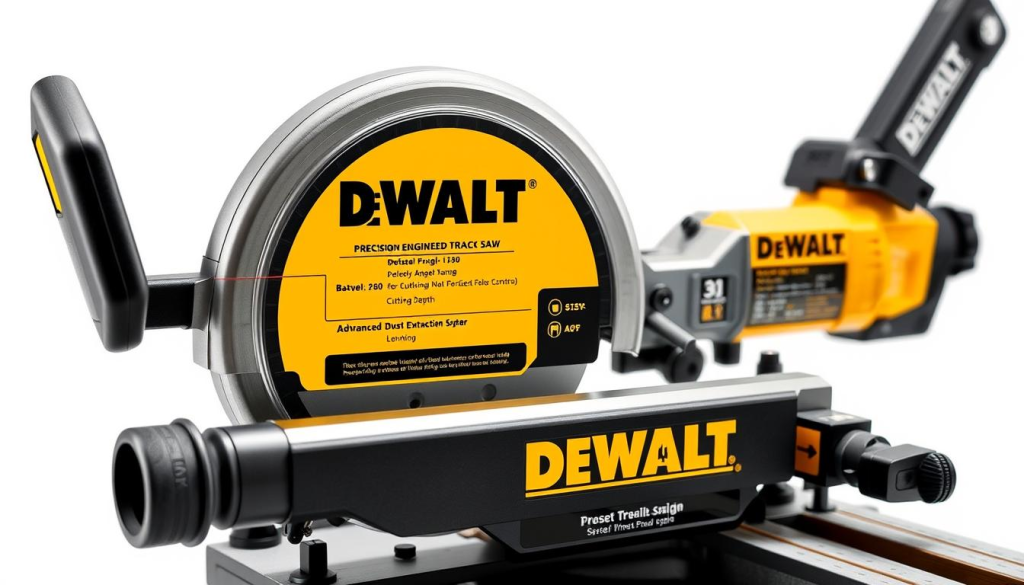 Dewalt track saw, precision engineered for professional woodworking. Detailed view of the saw's key specifications, including blade size, bevel angle range, cutting depth, and advanced dust extraction system. Bright studio lighting illuminates the sleek metal housing and neatly arranged controls. High-resolution close-up, captured at a slight angle to highlight the saw's ergonomic design and durable construction. Crisp, clean background allows the technical details to take center stage, conveying the quality and capability of this essential woodworking tool.