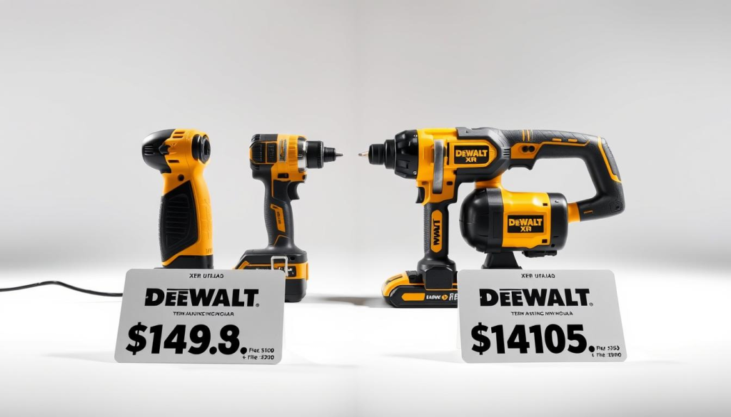 High-contrast studio shot of two DeWalt power tools side-by-side on a clean white surface, with a strong, directional light source illuminating them. The tools should be the DeWalt XR and Atomic models, clearly visible and in focus. In the foreground, display price tags or labels next to each tool, highlighting the price difference between the two. The background should be plain and uncluttered, allowing the power tools and price information to be the central focus of the image.