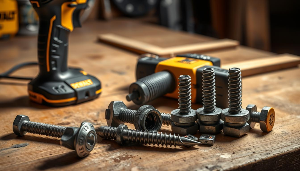 High-detailed, hyper-realistic image of a DEWALT branded power drill and a set of DEWALT branded concrete screws and anchors lying on a wooden workbench. The anchors are disassembled, showcasing their internal components. The scene is illuminated by a single overhead light, casting soft shadows and highlighting the textures of the tools and materials. The background is slightly blurred, keeping the focus on the foreground elements. The overall mood is one of professionalism, attention to detail, and care for proper tool maintenance.