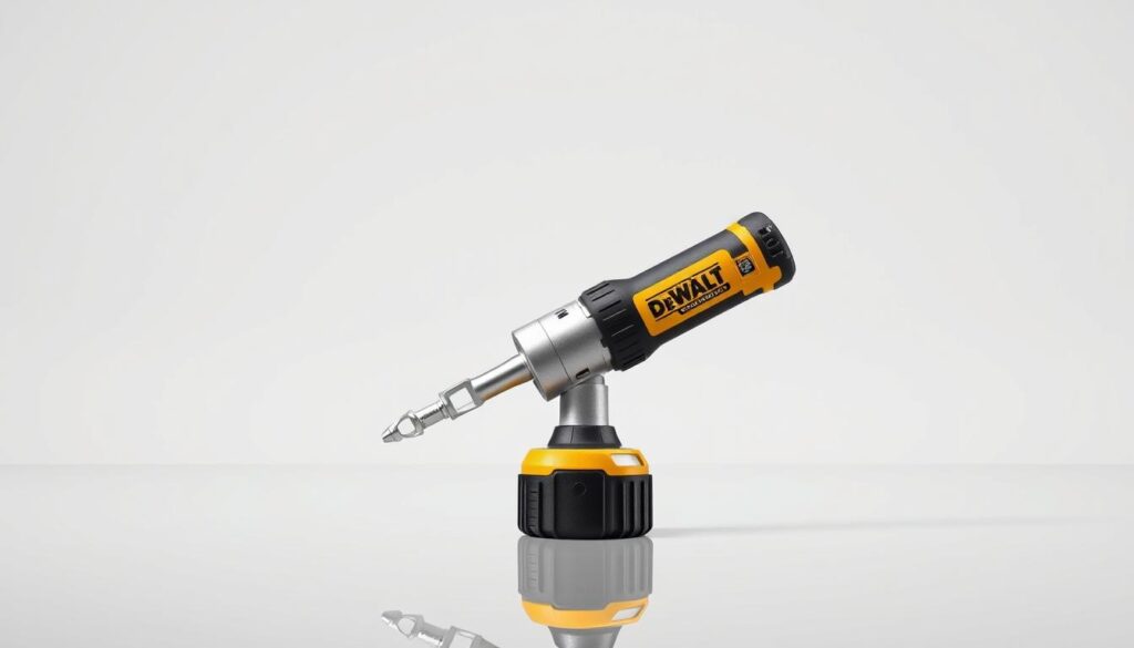 High-quality 3D render of a DeWalt 3/8" cordless ratchet in the foreground, showcased on a clean, reflective surface. The ratchet should be rendered with precise details, highlighting its sturdy construction, brushed metal finish, and ergonomic design. The middle ground should feature a soft, uniform background, allowing the ratchet to be the focal point. Carefully consider the lighting to create subtle shadows and highlights that accentuate the tool's form and texture. Capture the ratchet from an angle that emphasizes its compact size and powerful capabilities, conveying its reliability and suitability for DIY projects.