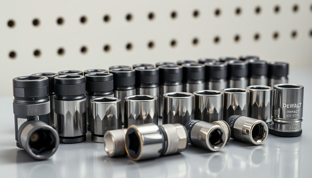 High-quality DeWalt impact sockets arranged on a clean, well-lit workbench. The sockets are laid out in an organized pattern, showcasing their robust construction and precise fit. Diffused studio lighting creates a crisp, professional atmosphere, highlighting the sockets' metallic shine and textured surfaces. The sockets are photographed from a slightly elevated angle, emphasizing their sturdy, dependable appearance. The overall composition conveys the impact of using high-performance impact sockets for demanding automotive repairs.