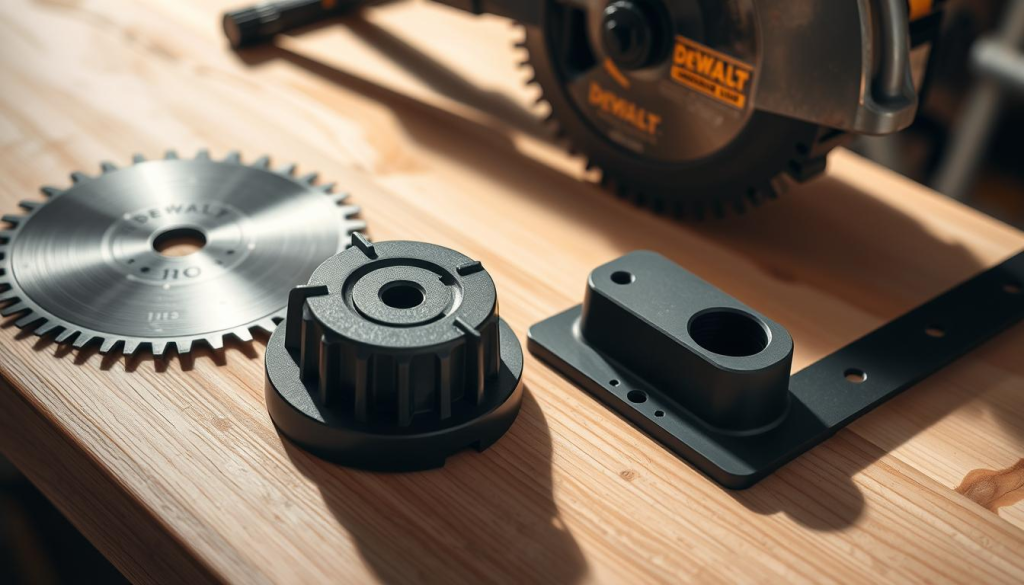 High-quality close-up image of various DEWALT worm drive saw accessories meticulously arranged on a clean, well-lit wooden workbench. Accessories include a heavy-duty carbide-tipped saw blade, a rip fence guide, a vacuum dust collection adapter, and a specialized blade guard. Soft shadows and highlights accentuate the textures and sleek designs of the DEWALT-branded tools. The overall lighting creates a professional, workshop-like atmosphere, showcasing the durability and precision engineering of these essential worm drive saw accessories.