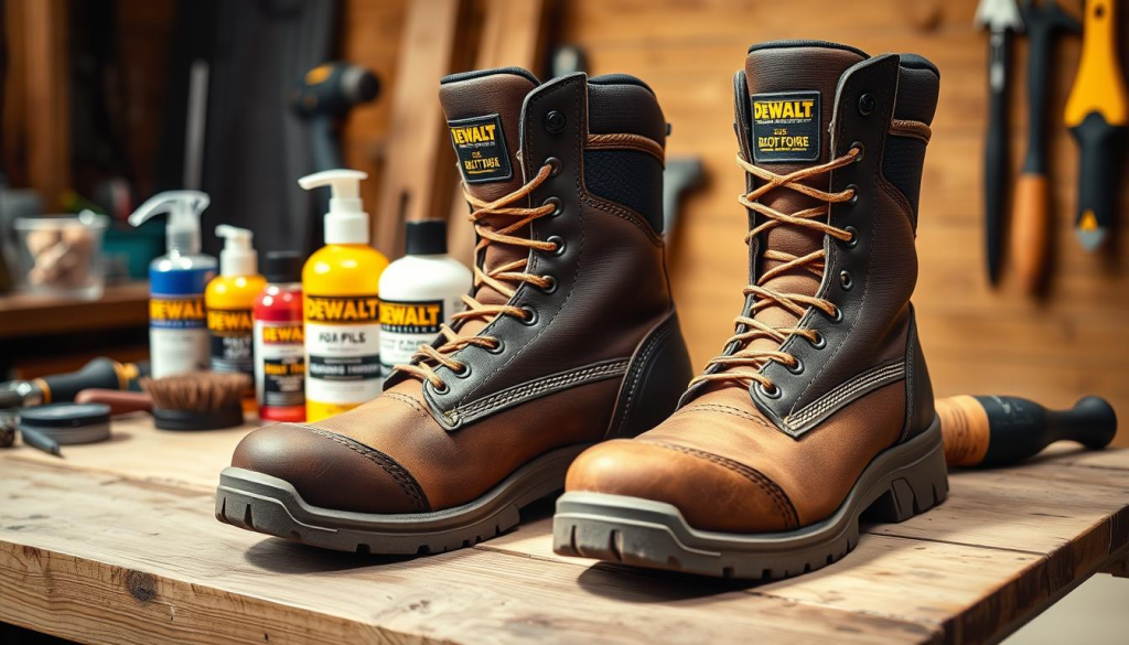 High-quality close-up photograph of a pair of DEWALT work boots on a wooden workbench, illuminated by soft natural lighting. The boots are presented in the foreground, with a sharp focus on the intricate details of the rugged construction, including the durable treads, reinforced toe caps, and premium leather uppers. The middle ground showcases various boot care products such as boot polish, conditioner, and a stiff-bristle brush, subtly suggesting the maintenance process. The background features a few scattered work tools, conveying a sense of a functional workshop environment. The overall mood is one of practical, no-nonsense professionalism, highlighting the robust and dependable nature of the DEWALT work boots.