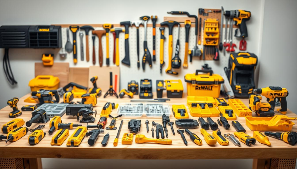High-quality, detailed image of an assortment of Dewalt workbench accessories arranged on a clean, well-lit wooden surface. The foreground features an array of tools and accessories such as clamps, vises, tool storage trays, and organizers in the Dewalt signature yellow and black color scheme. The middle ground showcases a variety of woodworking tools like hammers, saws, and screwdrivers. The background subtly blurs into a clean, neutral environment, allowing the Dewalt products to be the focal point. The lighting is soft and diffuse, creating a professional, product-focused atmosphere. The perspective is slightly elevated to provide an organized, comprehensive view of the Dewalt workbench essentials.