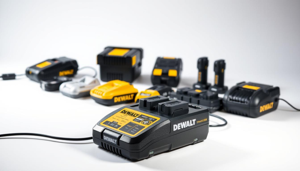High-quality, detailed side-by-side comparison of a DEWALT multi-charger and other charging devices, showcased in a well-lit, professional studio setup. The DEWALT multi-charger is prominently displayed in the foreground, its sleek design and robust construction emphasized by precise lighting and angles. In the middle ground, other charging devices are arranged neatly, allowing for a clear visual comparison of size, form factor, and functionality. The background is a clean, neutral backdrop, keeping the focus on the chargers and their performance attributes. The overall mood is one of technical precision and product evaluation, inviting the viewer to assess the capabilities of the DEWALT multi-charger against its competitors.