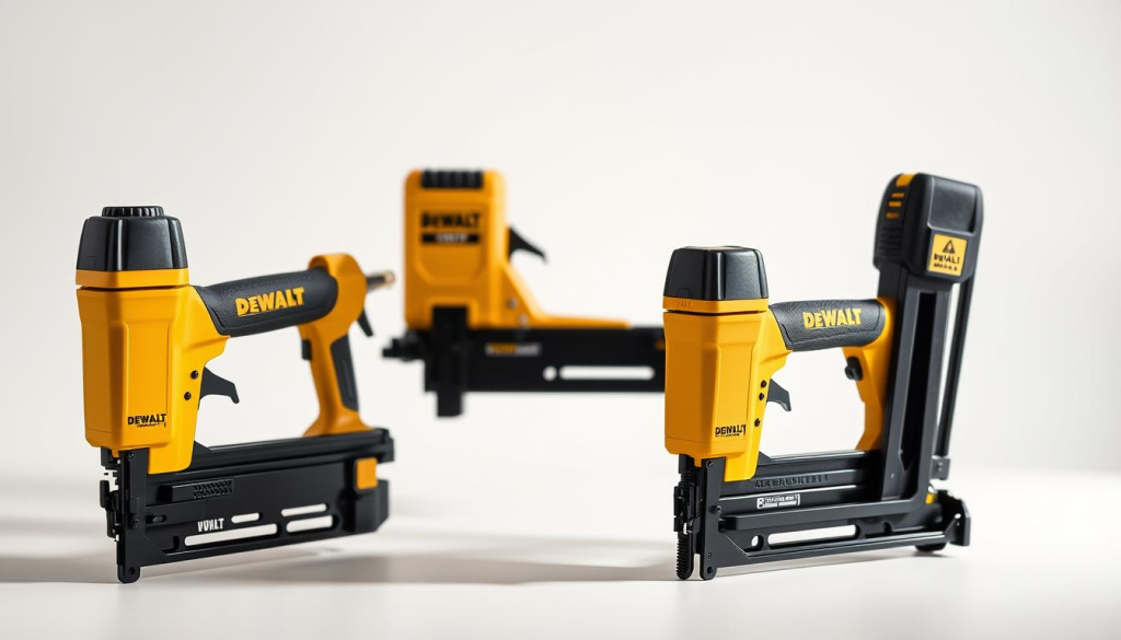 High-quality product comparison image of DEWALT staple gun models, showcased on a clean, well-lit studio background. Focus on the three most popular DEWALT staple gun models - the DWFP12231, DWFP12231L, and DWFP12233. Arrange the staple guns in a visually appealing layout, with each model clearly visible from multiple angles, highlighting their distinctive features and design elements. Utilize natural lighting and a shallow depth of field to create a professional, editorial-style image that emphasizes the products' craftsmanship and attention to detail. The overall mood should be sleek, modern, and informative, complementing the "Top DEWALT Staple Gun Models" section of the article.