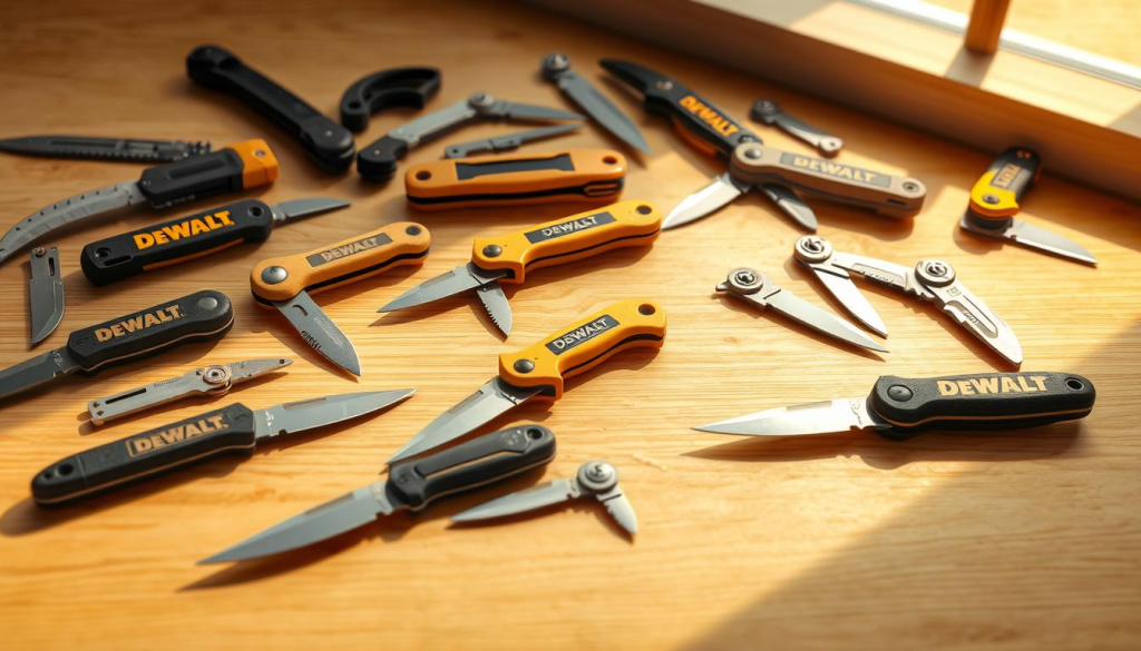 High-quality render of a collection of various DEWALT utility knives, including fixed-blade knives, folding knives, and box cutters, arranged on a clean, well-lit wooden surface. The knives are shown from multiple angles, highlighting their sturdy construction, sharp blades, and ergonomic handles. The lighting is natural and soft, creating a warm and inviting atmosphere. The scene is focused on the knives, with a simple, uncluttered background that allows the tools to be the main subject. The overall impression is one of durability, precision, and the versatility of DEWALT's knife lineup.