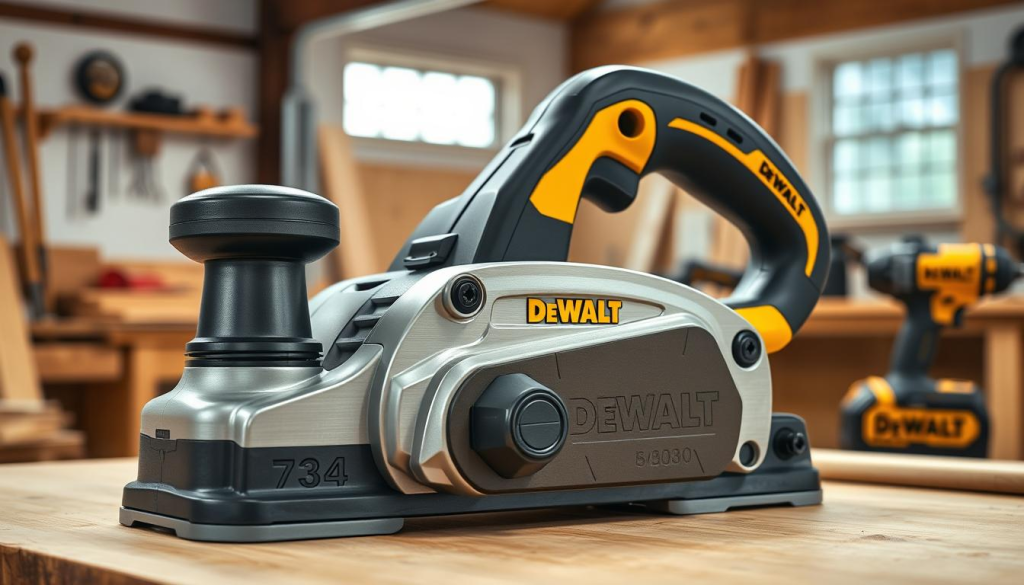 Highly detailed, high-resolution image of a Dewalt 734 planer in a bright, well-lit workshop setting. The planer is the central focus, showcasing its rugged, durable construction with a polished metal body and ergonomic design. Emphasis on the tool's robust build quality, with close-up shots highlighting the precision machining, heavy-duty bearings, and sturdy base. Soft, diffused lighting from multiple angles accentuates the planer's sleek profile and metallic accents. The background features a clean, organized workspace with wooden workbench, tools, and other Dewalt power tools in the periphery, conveying a sense of professional-grade craftsmanship.