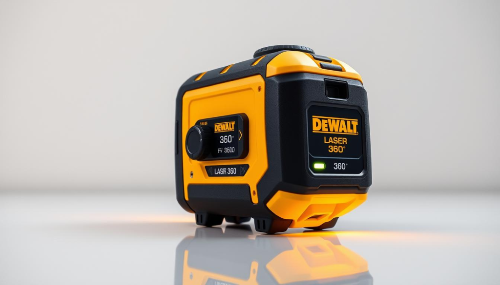 Highly detailed, photorealistic image of the DEWALT Laser 360 precision measurement tool, shown on a clean, reflective surface in a well-lit studio environment. The tool is positioned at an angle, showcasing its sleek design and various features like the laser beam, rotary dial, and level indicators. The lighting is soft and evenly distributed, creating subtle shadows that accentuate the tool's contours. The background is a plain, neutral color, allowing the DEWALT Laser 360 to be the focal point of the image. The overall mood is one of precision, quality, and attention to detail, reflecting the subject of "Precision in Measurement".