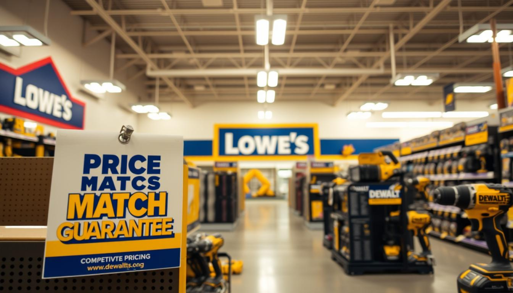 Lowe's store interior, well-lit and modern, showcasing a prominent DEWALT tools display. In the foreground, a price match guarantee sign emphasizes DEWALT's commitment to competitive pricing. The middle ground features an array of DEWALT power tools, their sleek designs and recognizable branding prominent. The background captures the store's clean, organized layout, conveying a sense of trust and reliability. Warm, natural lighting casts a subtle glow, highlighting the high-quality craftsmanship of the DEWALT tools. The overall scene exudes a professional, yet approachable atmosphere, inviting customers to explore the advantages of shopping for DEWALT at Lowe's.