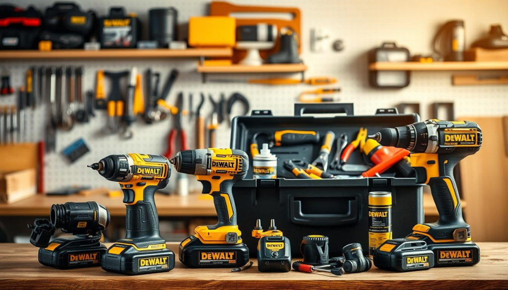 Maintenance tips for DEWALT tools, a detailed still life scene. In the foreground, a variety of DEWALT tools, including a cordless drill, impact driver, and multi-tool, neatly arranged on a wooden workbench. In the middle ground, a toolbox with various accessories and maintenance items, such as screwdrivers, pliers, and a can of lubricant. The background features a clean, well-lit workshop setting, with shelves of organized tools and equipment. The lighting is warm and natural, casting subtle shadows that add depth and dimension to the scene. The overall atmosphere is one of professional, well-maintained tools, ready for their next task.