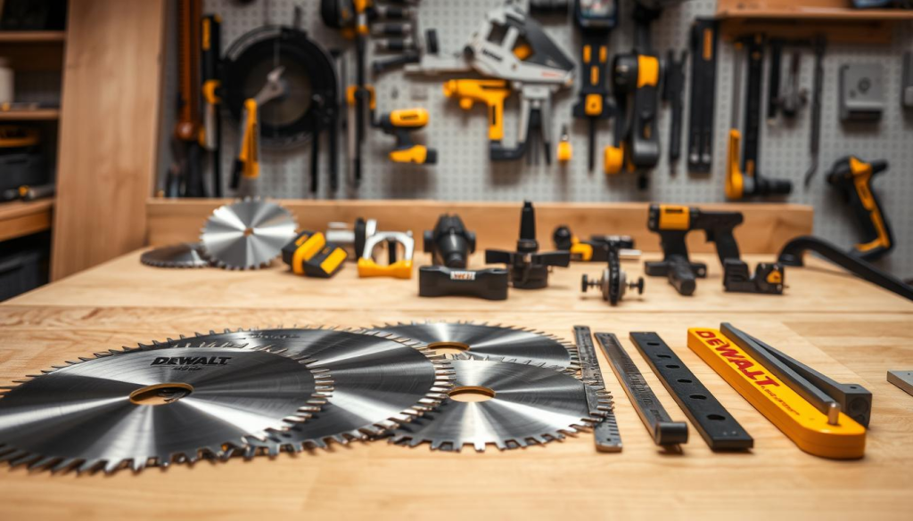 Meticulously arranged DeWalt miter saw accessories on a clean, well-lit workbench. In the foreground, a selection of blades in various sizes and tooth counts, their sharp edges gleaming. In the middle ground, a collection of clamping devices, guides, and angle finders, each piece precisely engineered for optimal precision and control. The background features a selection of other essential tools, their forms casting subtle shadows, creating a sense of depth and professionalism. The lighting is soft and diffused, accentuating the high-quality materials and craftsmanship of the accessories, inviting the viewer to imagine the smooth, effortless operation of the DeWalt miter saw.