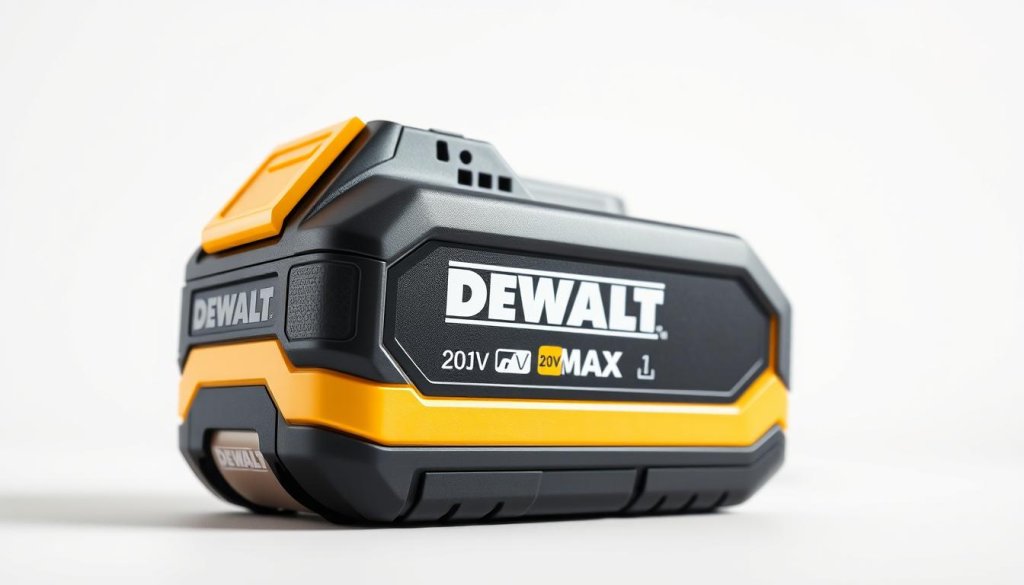 Photorealistic high-resolution image of a DEWALT 20V MAX lithium-ion battery pack, with a sleek and modern design. The battery is showcased against a clean white background, allowing it to stand out prominently. The battery is positioned at a slight angle, highlighting its contours and the DEWALT logo. Lighting is soft and diffused, creating subtle shadows that accentuate the battery's form. The image is captured using a professional-grade camera lens, providing a sharp and detailed representation of the battery's features, such as the battery terminals, the battery level indicator, and the textured surface. The overall mood is one of precision, quality, and technical excellence, reflecting the key features of the DEWALT 20V lawn mower.