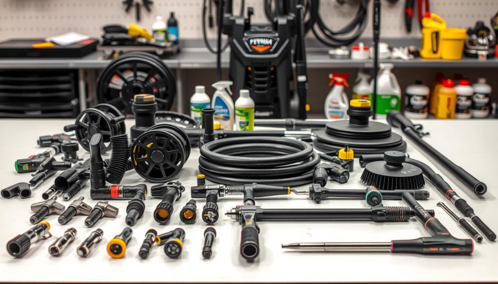 Pressure washer accessories laid out on a clean, well-lit workbench. In the foreground, various nozzle attachments, hose reels, and brushes are arranged neatly. In the middle ground, a selection of extension wands and rotating surface cleaners. In the background, a pressure washer unit and a collection of cleaning solutions and detergents. The scene is captured with a sharp focus, emphasizing the high-quality, professional-grade nature of the accessories. The lighting is bright and diffused, creating a clean, inviting atmosphere that showcases the products' features and functionality.