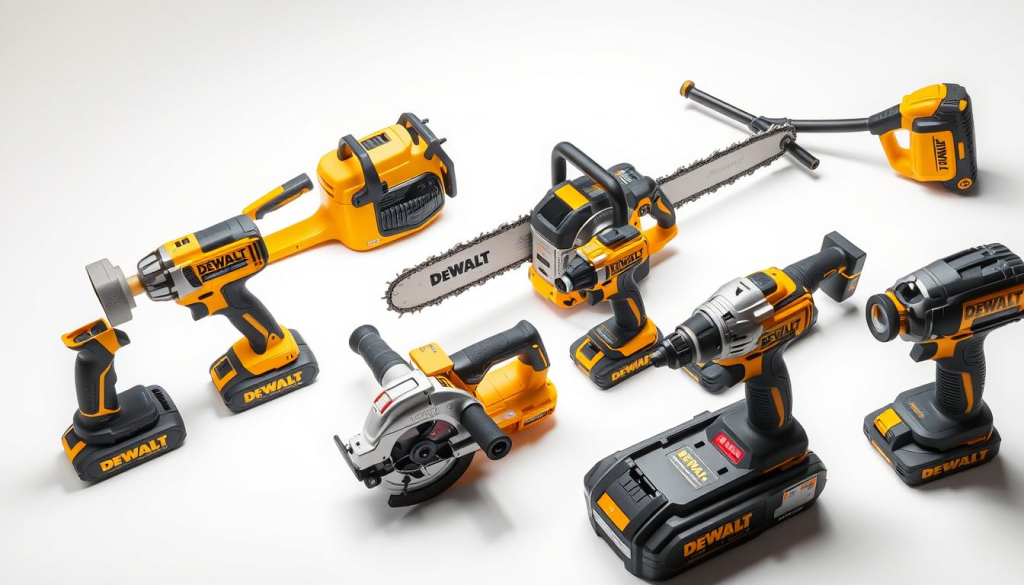 Prompt A well-lit, high-angle shot showcasing an assortment of DEWALT 60V cordless power tools. In the foreground, a DEWALT 60V XR Brushless Hammer Drill, a DEWALT 60V MAX Brushless Reciprocating Saw, and a DEWALT 60V MAX Brushless Angle Grinder, each with clean, modern industrial design. In the middle ground, a DEWALT 60V MAX Brushless Chainsaw and a DEWALT 60V MAX Brushless Leaf Blower, emphasizing their power and versatility. The background features a clean, white studio setting, allowing the tools to take center stage. Lighting is soft and diffused, highlighting the sleek metal and plastic textures of the DEWALT 60V cordless tools.