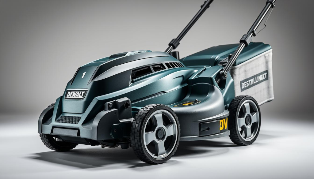 Sleek and sturdy DEWALT 60V cordless lawn mower, meticulously crafted with a brushed aluminum body and sharp, precision-engineered blades. Photographed in a well-lit studio setting, the mower is captured at a dynamic three-quarter angle, highlighting its robust build and ergonomic design. The deep forest green finish contrasts beautifully with the polished chrome accents, conveying a sense of premium quality and rugged durability. Subtle shadows add depth and dimensionality, while the crisp, high-resolution image invites the viewer to closely examine the mower's exceptional engineering and construction.