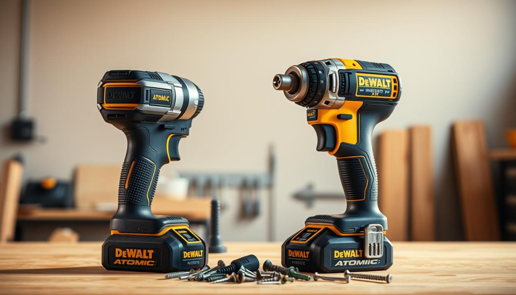 Two professional-grade cordless impact drivers - Dewalt Atomic and Dewalt XR - stand side by side on a clean, well-lit workbench. The drivers are positioned at a slight angle, highlighting their sleek, compact designs. Warm, natural lighting casts soft shadows, emphasizing the textured grips and metallic accents. In the middle ground, various fasteners, screws, and small woodworking tools are neatly arranged, suggesting the versatility of these powerful tools. The background features a blurred, neutral-toned workshop setting, keeping the focus on the impact drivers and their accessories. The overall composition conveys the high-performance and adaptability of these cordless power tools for a wide range of construction and DIY projects.