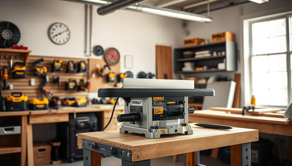 a beautifully lit, high-resolution photograph of a DEWALT jointer set up on a sturdy workbench in a well-organized workshop. The jointer is positioned in the foreground, with its various controls and adjustable parts clearly visible. The middle ground features various DEWALT power tools and accessories neatly arranged, suggesting a professional workspace. The background showcases a clean, bright environment with natural light streaming in through large windows, creating a warm and inviting atmosphere. The image conveys a sense of precision, attention to detail, and a dedication to craftsmanship, perfectly capturing the essence of "Setting Up Your DEWALT Jointer" for the article.
