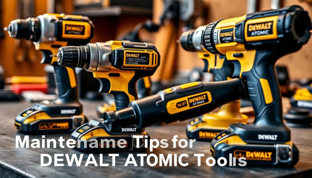 a close-up photograph of a workbench with several DEWALT ATOMIC power tools neatly arranged, including a drill, impact driver, and oscillating multi-tool. The tools are gleaming and meticulously maintained, with clean surfaces and well-oiled components. The background is blurred, keeping the focus on the tools. Warm, directional lighting from the side casts subtle shadows, highlighting the tools' sleek, modern design. The overall mood is one of precision, functionality, and pride in equipment care, perfectly capturing the "Maintenance Tips for DEWALT ATOMIC Tools" section of the article.