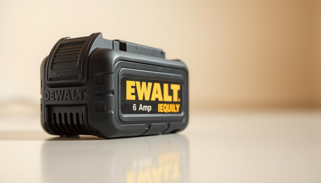 a close-up shot of a DEWALT 6 amp battery, with intricate details and textures clearly visible. The battery is positioned on a clean, well-lit surface, allowing the viewer to see its rugged construction and sturdy design. The lighting is soft and even, creating a warm, inviting atmosphere that highlights the battery's premium quality. The angle is slightly elevated, giving the viewer a slightly elevated perspective to showcase the battery's form and function. The background is blurred, creating a subtle and unobtrusive focus on the battery itself.