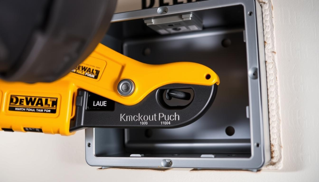a close-up view of a DeWalt knockout punch tool being used to efficiently create clean, precise openings in a metal electrical box, with a well-lit, clinical background that showcases the tool's precision and power, the punch's sharp edges and sturdy construction highlighted, conveying the tool's efficiency and reliability for professional electrical installations