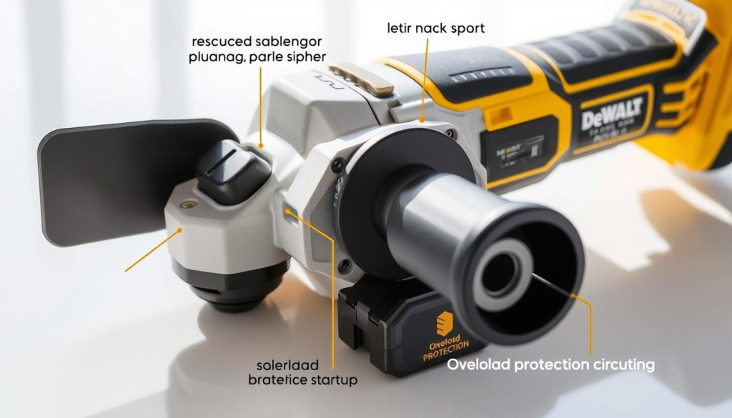 a detailed close-up view of a DeWalt 20V cordless angle grinder, showcasing its key safety features. The grinder is resting on a clean, reflective surface, allowing the viewer to clearly see its well-designed ergonomics and sturdy construction. The guard cover is open, revealing the recessed paddle switch and spindle lock button, designed to prevent accidental startups. The brushless motor and overload protection circuitry are prominently displayed, highlighting the tool's advanced safety systems. Bright, natural lighting accentuates the DeWalt logo and battery compartment, communicating the grinder's power and reliability. The overall composition emphasizes the grinder's attention to user safety, making it an ideal illustration for the "Safety Features of the DeWalt20V Grinder" section.