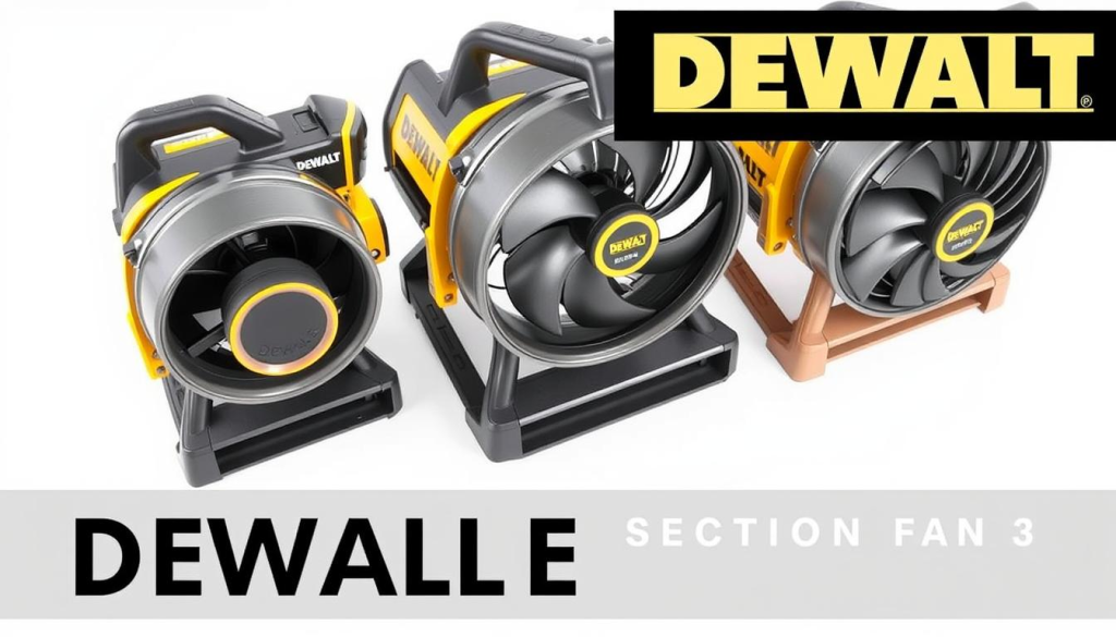 a detailed comparison of three DEWALT mini blower fans, shown from a high angle with a clean, white background. The fans are positioned side-by-side, highlighting their size differences and design features. The central fan is the largest, with the other two models decreasing in size. Bright, even lighting illuminates the fans' sleek, metallic bodies and high-performance blades. The fans are presented in a manner that showcases their power, portability, and suitability for various cleaning tasks, as described in the article section title.