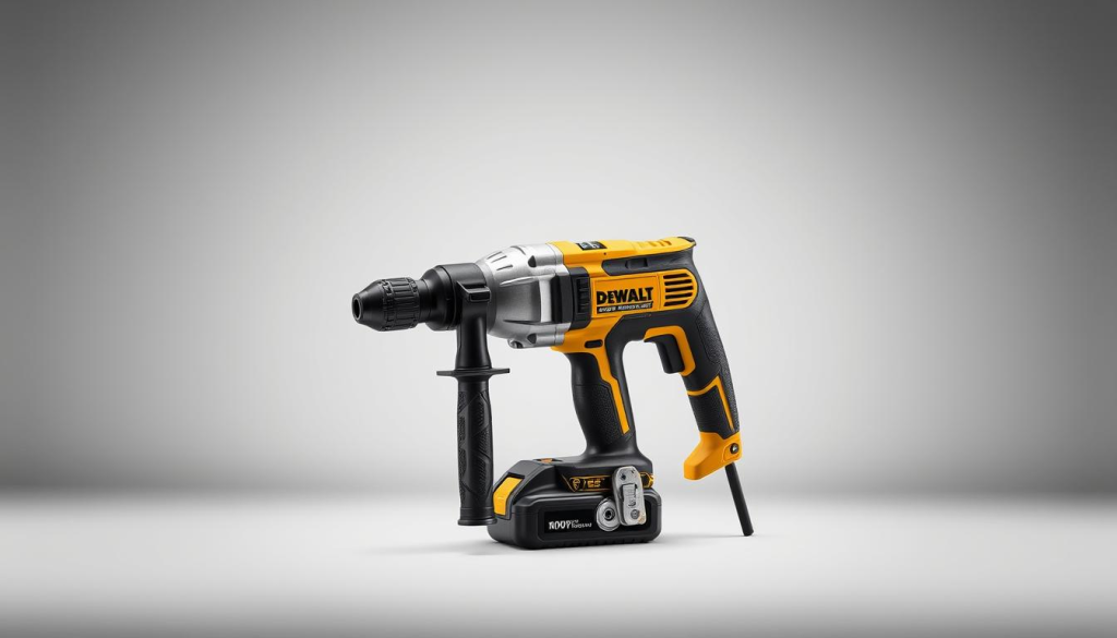 a detailed, highly-realistic image of a DeWalt 20V cordless hammer drill in a well-lit, studio-style setting. The drill is positioned prominently in the center of the frame, with a soft, even lighting that accentuates its clean, modern design. The body of the drill is rendered with a high level of detail, showcasing the textured grip, sleek metal accents, and the DeWalt logo. The drill is slightly angled, giving the viewer a perspective that highlights its ergonomic shape and compact size. The background is a simple, neutral gray that allows the drill to be the main focal point. The overall mood is professional and showcases the power, precision, and easy handling of this cordless power tool.