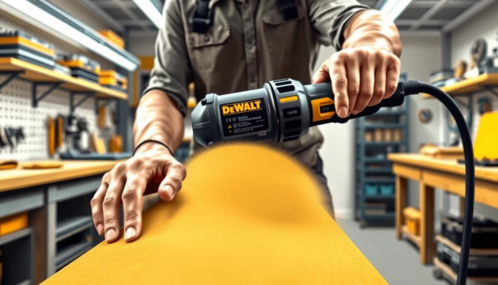 a detailed illustration of a person using a DEWALT orbital polisher with proper technique, set in a well-lit workshop environment. The foreground shows the person's hands and the DEWALT orbital polisher, demonstrating the recommended overlapping polishing motions. The middle ground features the person's upper body, focused on maintaining the correct posture and control of the polisher. The background depicts a clean, organized workshop space with shelves, tools, and other work surfaces, conveying a professional, skilled atmosphere. The lighting is bright and diffused, highlighting the textures and details of the polishing process. The overall scene communicates the technical expertise and best practices for using a DEWALT orbital polisher to achieve a flawless finish.