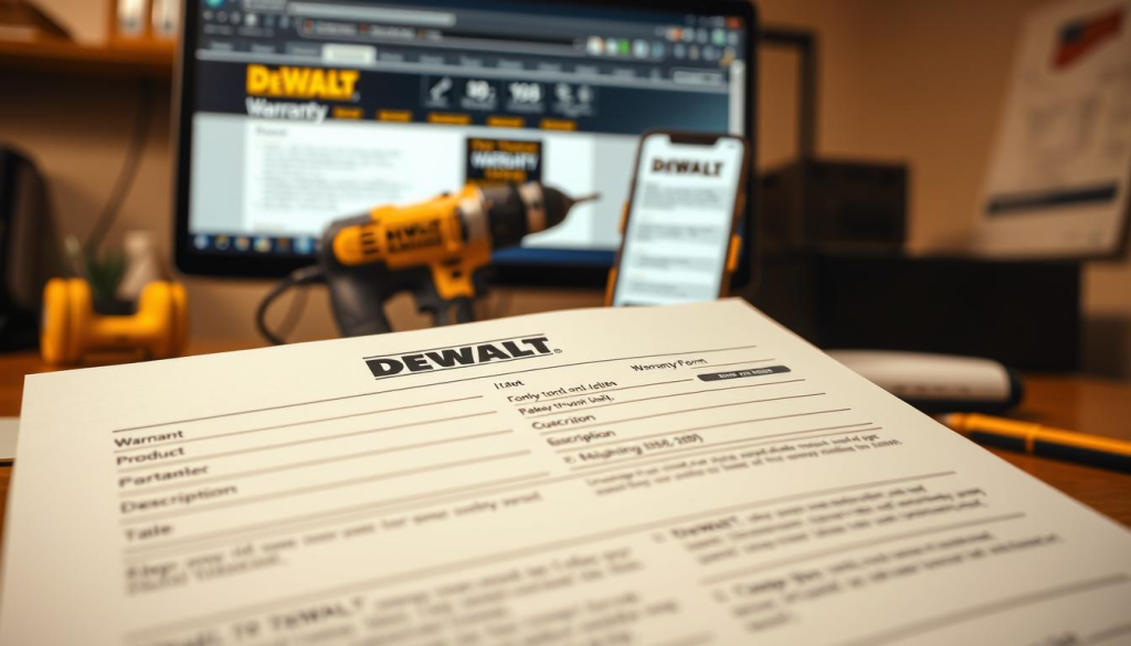 a detailed, photorealistic image of the DEWALT warranty process, viewed from an angle as if the camera is positioned behind a desk or table. In the foreground, a close-up view of an open DEWALT warranty form, with fields for product information, contact details, and description of the issue. In the middle ground, a DEWALT power tool, such as a drill or saw, resting on the desk. Behind it, a computer monitor displaying the DEWALT warranty page, and a smartphone or tablet showing step-by-step instructions for the warranty claim process. The scene is well-lit, with warm, directional lighting from the side, casting subtle shadows and highlights to convey a sense of depth and materiality. The overall atmosphere is professional, organized, and reassuring, reflecting the reliability and customer-centric approach of the DEWALT brand.