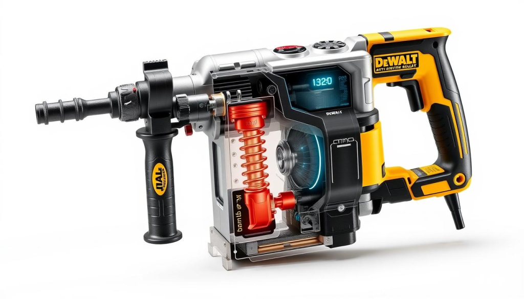 a detailed, technical illustration of a DEWALT jackhammer showcasing its anti-vibration technology, set against a clean, white background. The jackhammer is prominently displayed in the center, with a cutaway view revealing its internal damping mechanisms and shock-absorbing components. The image should convey a sense of precision engineering and durability, highlighting the user-friendly features that make the jackhammer comfortable and easy to operate, even during extended use. Soft, directional lighting accentuates the jackhammer's sleek, industrial design, while maintaining a clean, professional aesthetic suitable for an article on demolition tools.