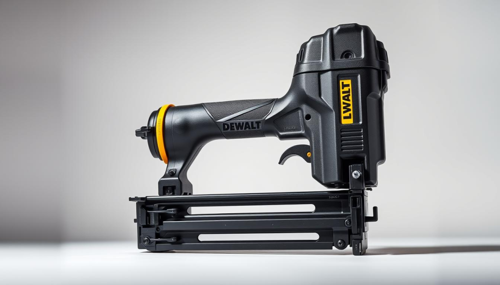 a dewalt industrial-grade framing nail gun, finely detailed, in a well-lit, softly diffused studio environment, centered in the frame, viewed from a slightly elevated angle to showcase its compact, robust design, with a smooth, matte black metal body, clearly visible controls and safety mechanisms, and the iconic DEWALT yellow and black color scheme, conveying a sense of power, precision, and professional-grade quality