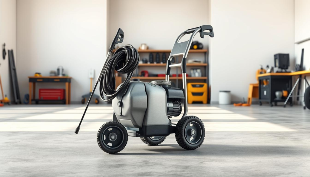 a high-quality, detailed 3D render of a cordless power washer standing on a concrete surface in a well-lit, contemporary workshop setting. The power washer is in the foreground, with a sleek, modern design featuring a robust metal casing, large wheels, and a long hose. Soft, directional lighting illuminates the device, highlighting its streamlined form and textures. The mid-ground shows a clean, organized workspace with various tools and equipment, while the background features plain white walls, creating a minimalist, professional atmosphere. The overall scene conveys the power, portability, and convenience of a cordless pressure washer, suitable for the "Advantages of Using a Cordless Pressure Washer" section of the article.