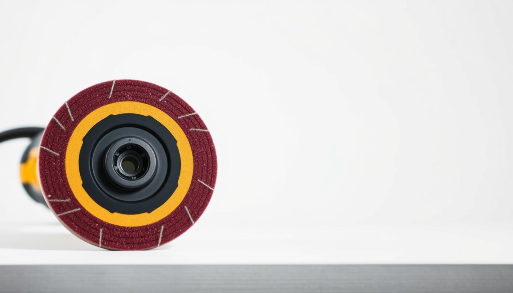 a high-quality, detailed close-up photograph of a DEWALT orbital sander replacement pad, shot against a plain white background with soft, even lighting to highlight the texture and material. The pad should be the main focus, occupying the majority of the frame, with a shallow depth of field to blur the background. The pad should be shown from multiple angles, capturing its circular shape, smooth surface, and any visible logos or branding. The image should convey the importance of the replacement pad as a key component of the orbital sander, essential for maintaining performance and effectiveness.