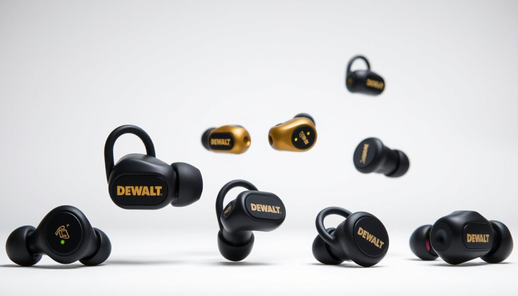 a high-quality, detailed comparison of several DEWALT wireless earbuds, presented in a clean, professional layout with a neutral, technical atmosphere. The earbuds are shown from multiple angles, highlighting their durable, rugged design and key features. The lighting is bright and even, allowing the products to be clearly visible. The background is a simple, uncluttered studio setting, putting the focus entirely on the earbuds and their distinguishing characteristics. The composition is balanced and visually appealing, making it suitable for use in a product comparison article.