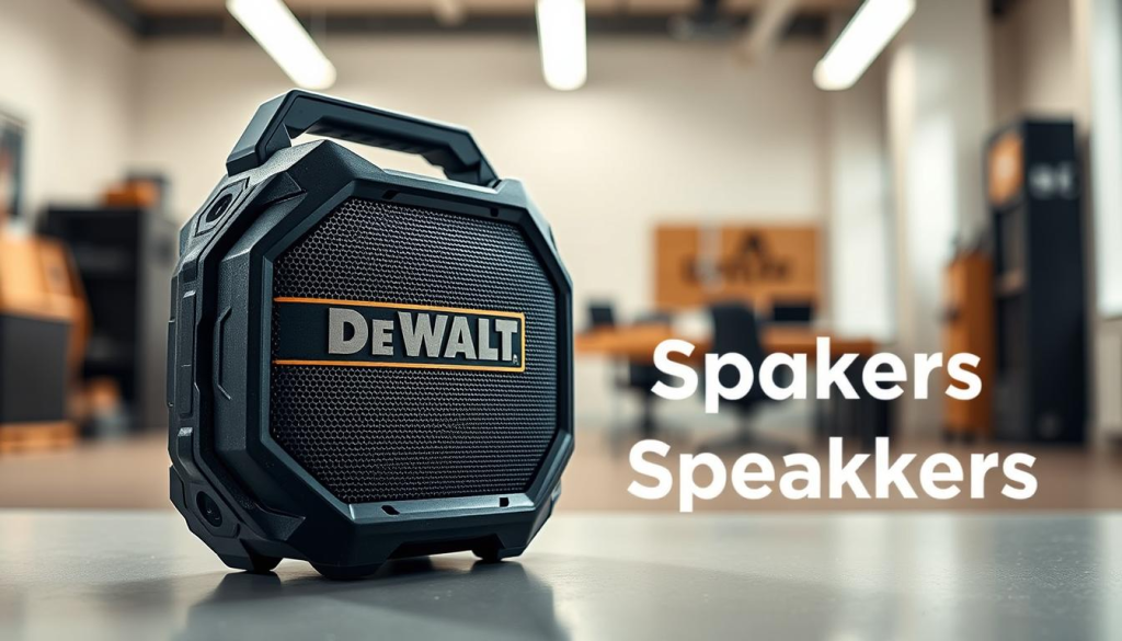 a high-quality, detailed image of a DEWALT Bluetooth speaker in a well-lit, modern setting. The speaker is prominently displayed in the foreground, showcasing its sleek, rugged design with the DEWALT logo visible. The middle ground features a minimalist, clutter-free environment, perhaps an office or workshop, with clean lines and neutral colors to emphasize the speaker. The background gently blurs out, creating depth and focus on the main subject. The lighting is soft and diffused, highlighting the speaker's materials and textures. The overall mood is professional, high-quality, and suitable for an article about where to purchase DEWALT speakers.