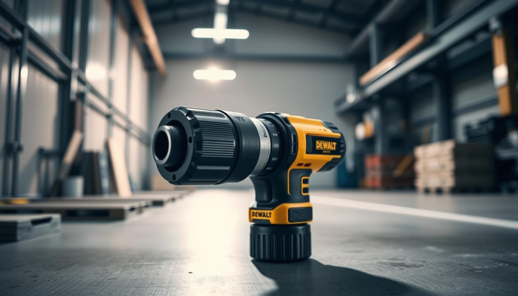 a high-quality, detailed image of a DEWALT angle drill attachment in a well-lit, industrial setting. The attachment is the focal point, positioned prominently in the center of the frame, with a clean, uncluttered background that showcases its features. The lighting is bright and directional, casting subtle shadows that accentuate the drill's textures and contours. The camera is positioned at a slight angle, providing a dynamic, three-dimensional perspective that highlights the tool's ergonomic design and functionality. The overall mood is professional, showcasing the attachment's durability and precision, reflecting the "reliable drilling companion" theme of the article.