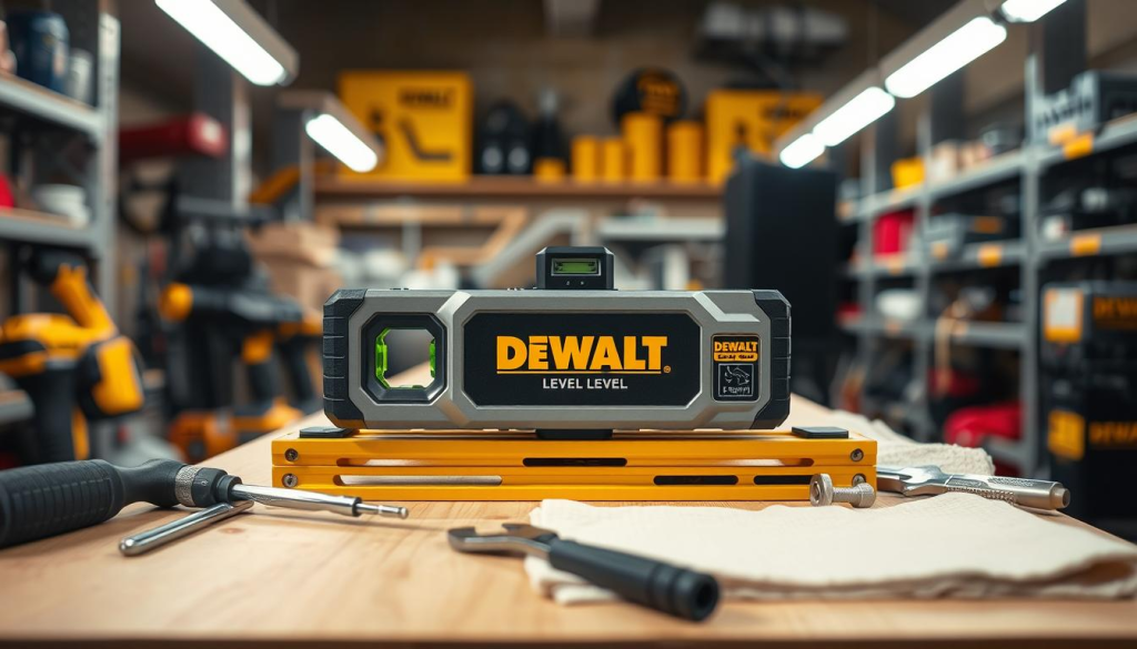 a high-quality, detailed image of a DEWALT level being carefully maintained on a workbench in a well-lit workshop. The level is centered in the frame, surrounded by various maintenance tools such as a screwdriver, a wrench, and a soft cloth. The level's surface is clean and polished, reflecting the light from the overhead lamps. The background is blurred, but hints at shelves filled with other DEWALT tools and supplies, creating a professional, industrial atmosphere. The image conveys a sense of precision, care, and attention to detail in maintaining the DEWALT level to ensure its continued accuracy and performance.