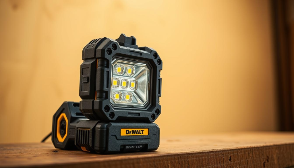 a high-quality, detailed image of a cordless Dewalt work light, featuring a rugged and modern design with a powerful LED lighting system. The work light is shown in the foreground, with a clean and well-lit background, highlighting its practical and efficient use. The image showcases the work light's compact size, durable construction, and versatile mounting options, capturing its suitability for a variety of work environments and project requirements. The lighting is warm and even, creating a professional and reliable atmosphere, reflecting the dependability of the Dewalt brand. The angle and perspective of the image provide a clear and visually appealing representation of the work light's key features and capabilities.