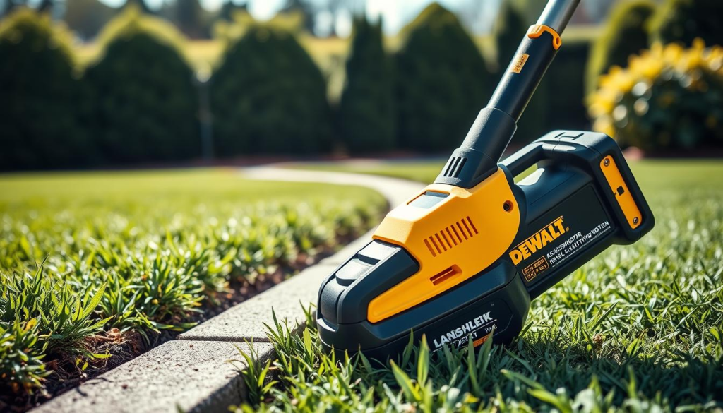 a high-quality, detailed image of a cordless electric lawn edger from the DEWALT brand, shot in a bright, natural lighting setup with a sharp focus and high depth of field. The edger is shown in the foreground, its sleek black and yellow design highlighted. The middle ground features the edger's key features like its brushless motor, adjustable cutting depth, and ergonomic handles. The background shows a well-manicured lawn, suggesting the edger's powerful yet precise performance in effortlessly trimming lawn edges. The overall scene conveys the edger's utility, durability, and ease of use.