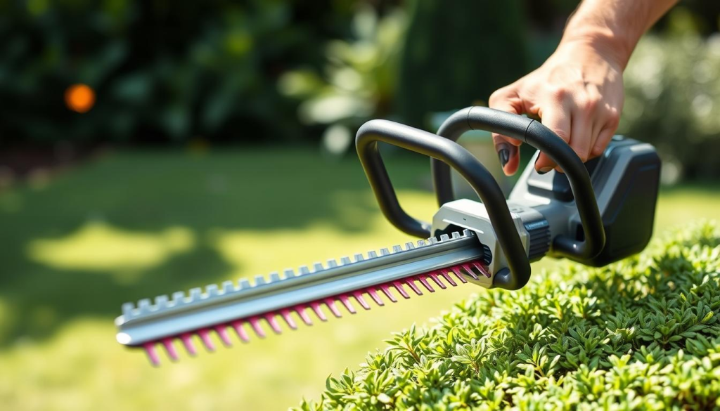 a high-quality, detailed image of a cordless hedge trimmer in a well-lit outdoor setting, photographed from an angle that emphasizes the ergonomic design and ease of use. The trimmer is prominently displayed against a blurred natural background, perhaps a lush green yard or garden. The lighting should be natural and flattering, capturing the brushed metal and plastic textures of the device. The prompt should convey a sense of efficiency, power, and convenience, in keeping with the article's focus on the benefits of battery-powered trimmers.